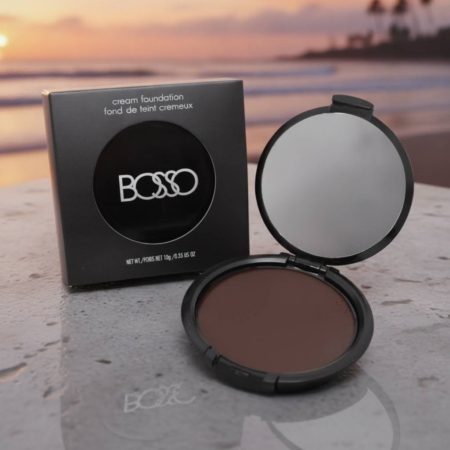 Bosso Beverly Hills cocoa cream foundation compact showing rich luxurious coverage for deep dark skin tones.