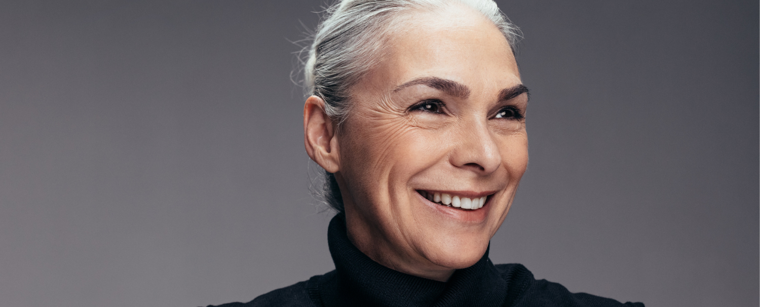 Mature Skin Makeup Los Angeles Celebrity Makeup Artist Kimberley Bosso Soft polished makeup for mature skin on a smiling silver-haired woman by Los Angeles celebrity makeup artist Kimberley Bosso