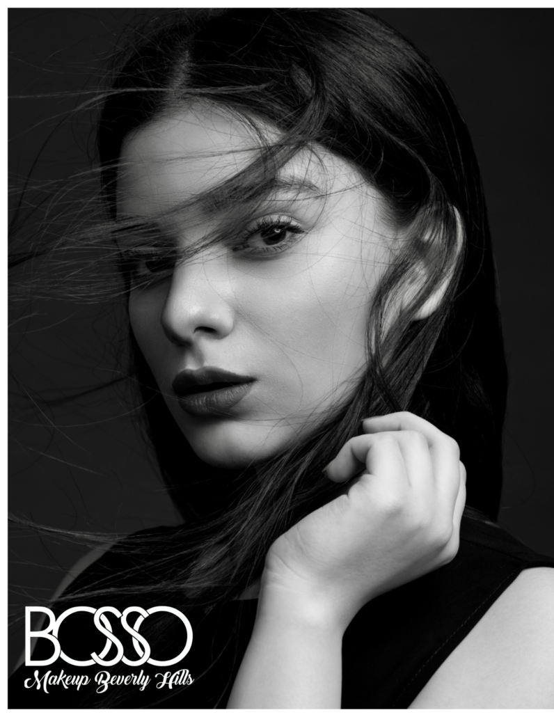 One Day Online Makeup Workshop editorial beauty look Bosso Makeup Beverly Hills Editorial makeup look with bold matte lips and luminous skin, taught in the Bosso Makeup Beverly Hills one day online makeup workshop